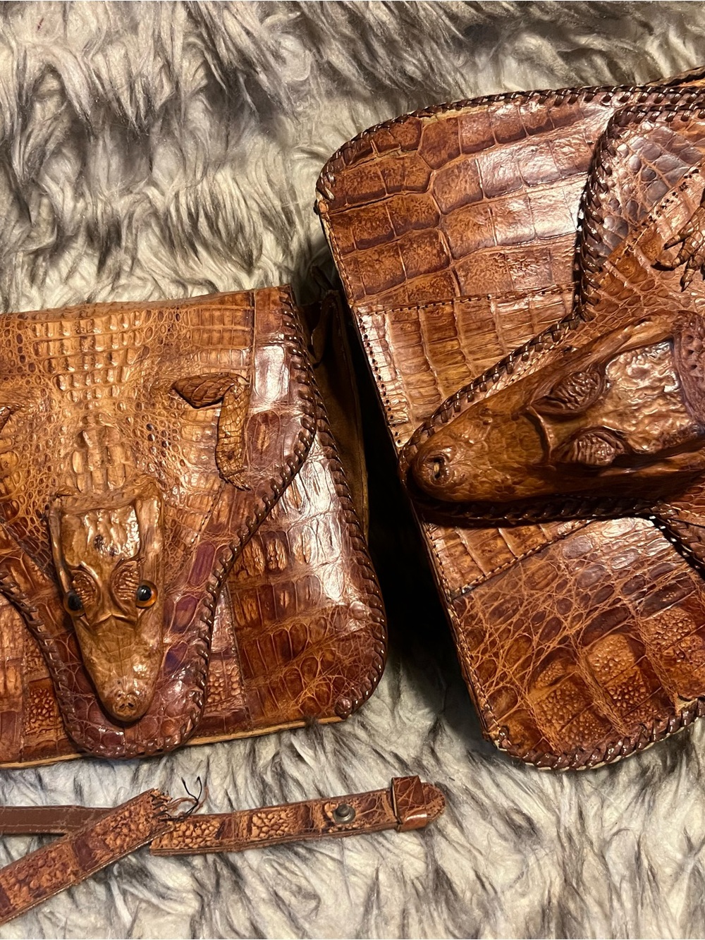 Vintage Brown Alligator Messenger Bag with Sculpted Crocodile Detail